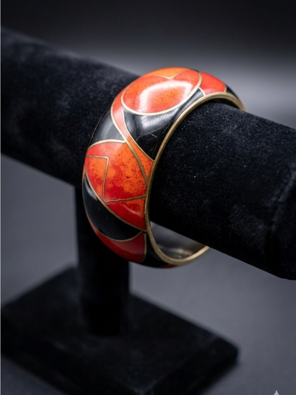 Vintage Art Deco Style Heavy Enamel & Brass Bangle Bracelet Black & Red 2560